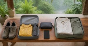 雨具と折りたたみ傘を入れたポーチ、乾いた着替えを分けた収納ケース、歩きやすい靴